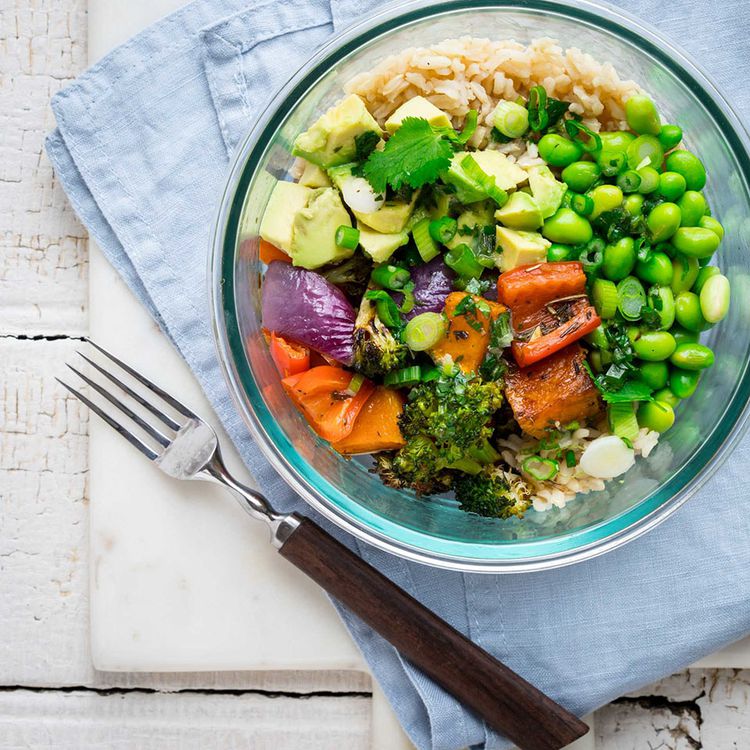 Vegan Rainbow Rice Bowl with Charred Corn and Avocado