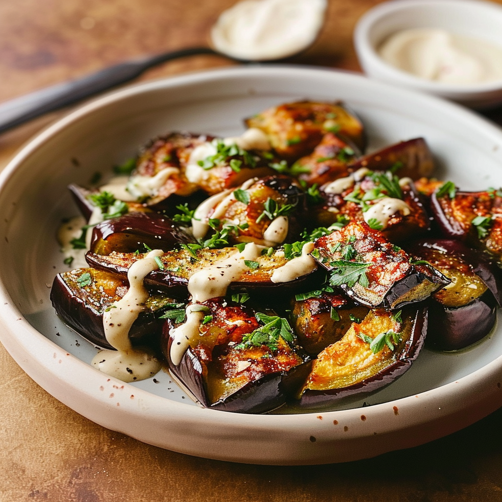 Half-Roasted Mediterranean Eggplant with Garlic Lemon Dressing