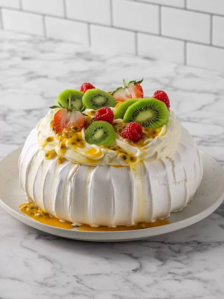 Eucalyptus-Infused Wattleseed Pavlova with Passionfruit Cream
