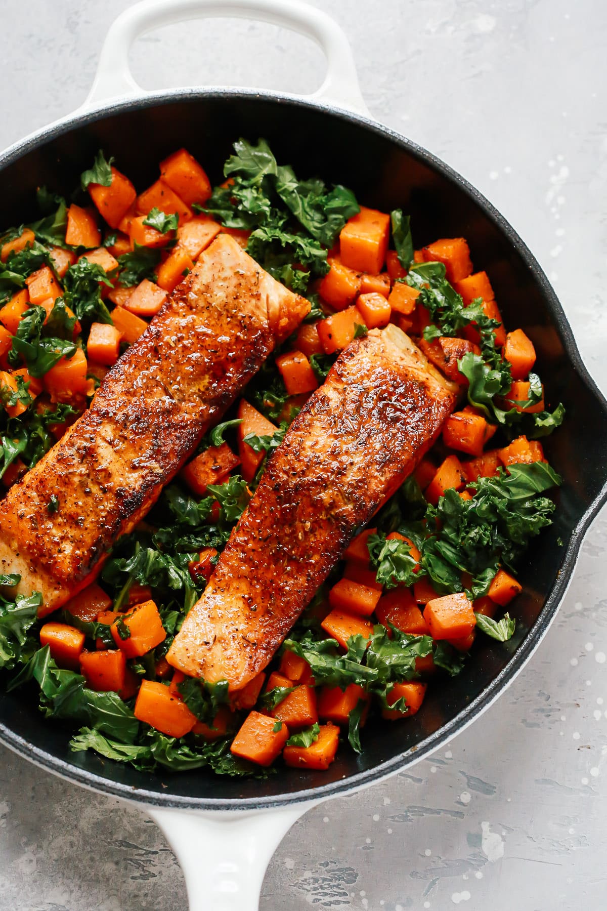 Turmeric-Spiced Salmon with Roasted Sweet Potatoes and Kale