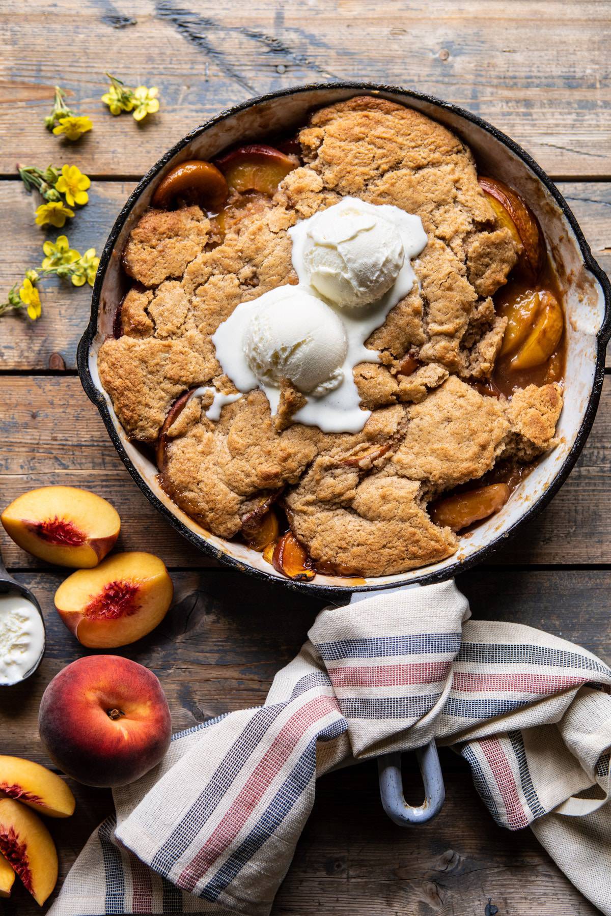 Old-Fashioned Skillet Peach Cobbler with Cinnamon Biscuit Topping