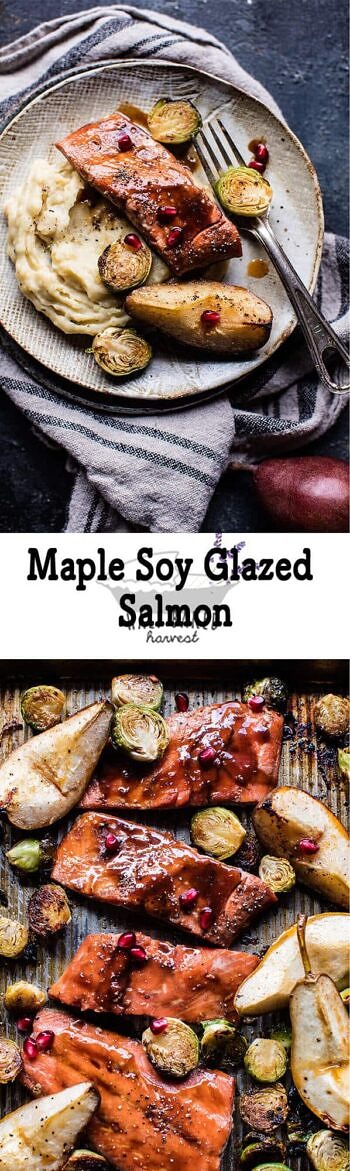 Baked Maple-Glazed Salmon with Roasted Sweet Potato and Brussels Sprouts
