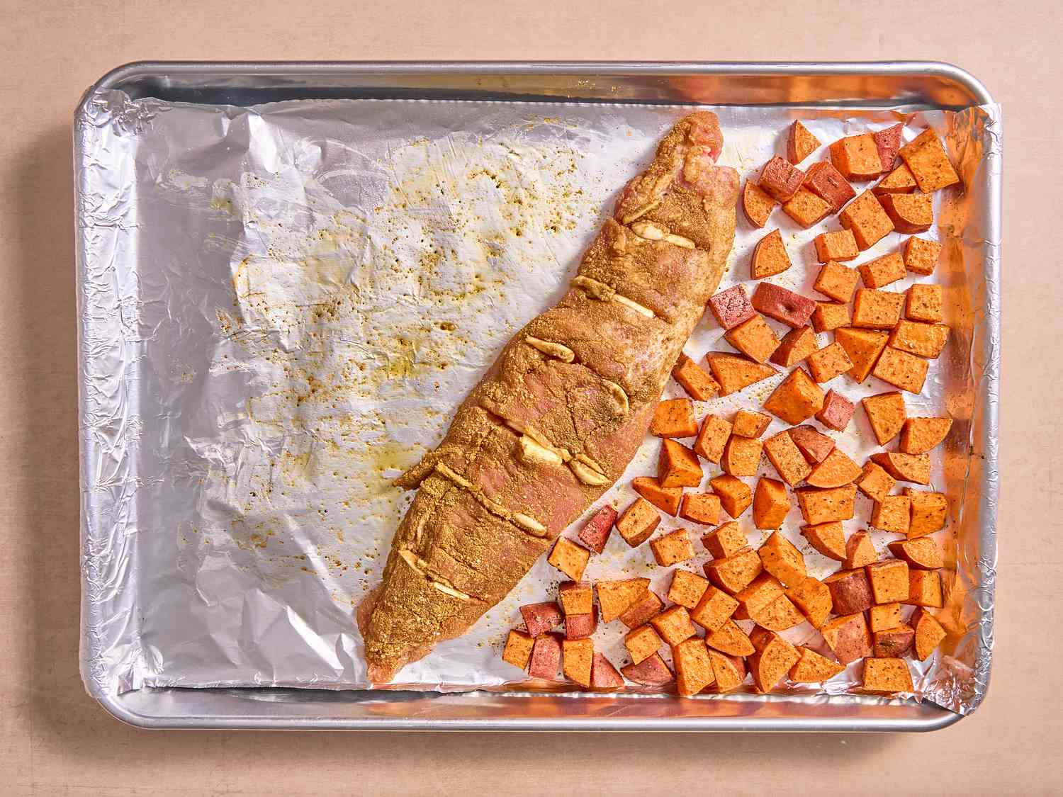 Sheet Pan Kimchi Pork with Sweet Potato and Perilla