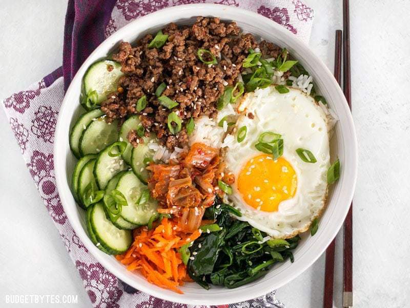 Bibimbap-Inspired Korean Grain Bowl with Bulgogi and Kimchi