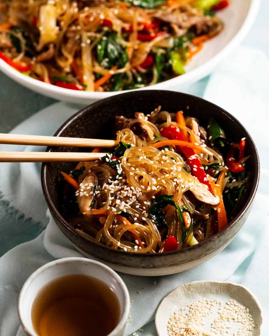 Glass Noodle Stir Fry with Shiitake and Snow Peas