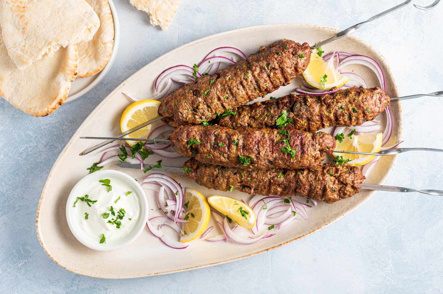 Grilled Kofta Kebabs with Tahini Yogurt Sauce