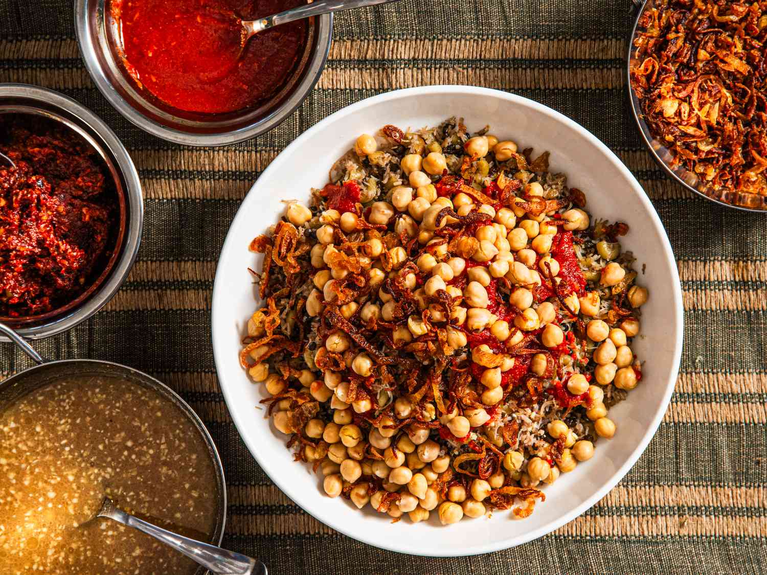 Koshari-Inspired Lentil and Rice Bowl with Tomato Garlic Sauce