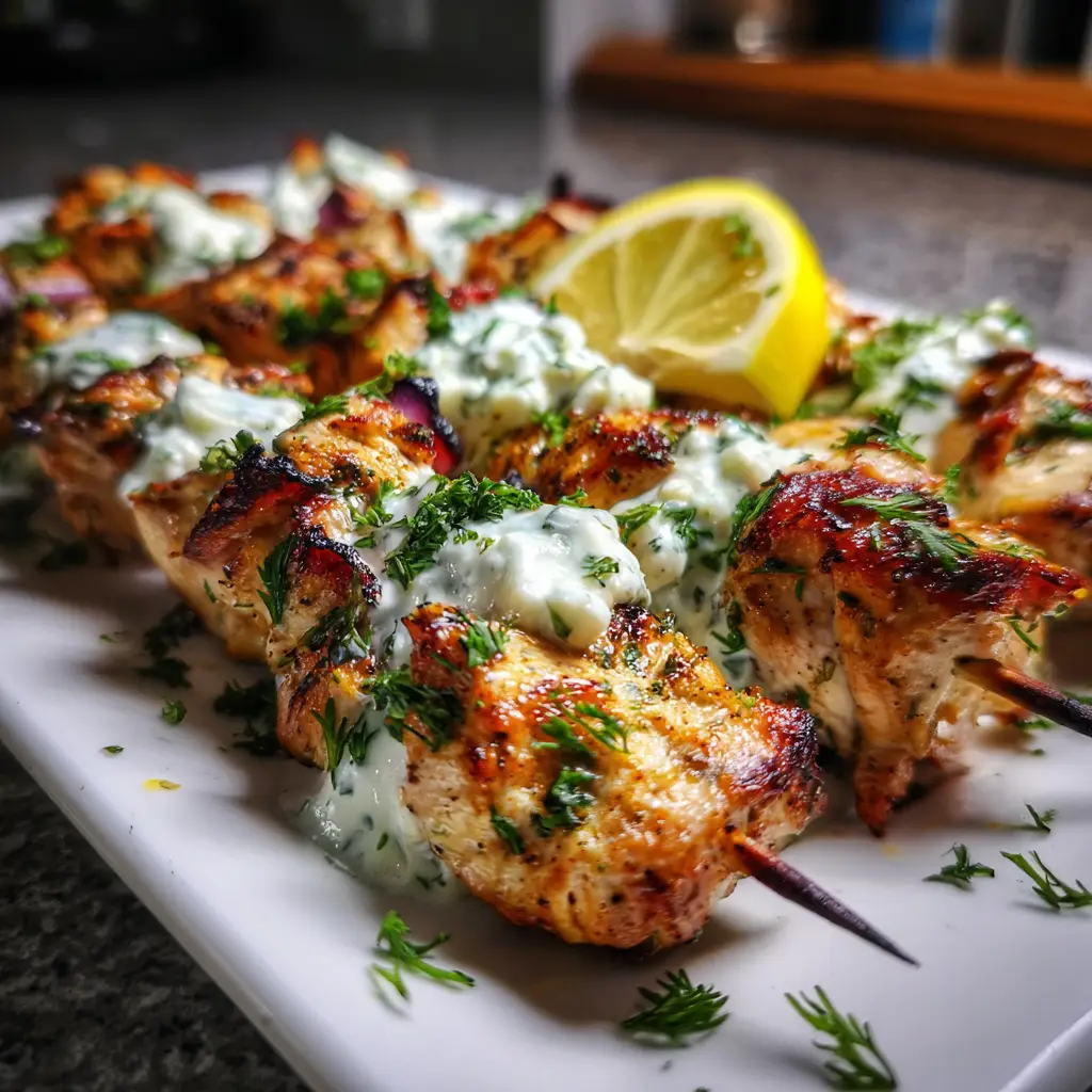 Gin and Herb-Marinated Chicken Skewers with Tzatziki