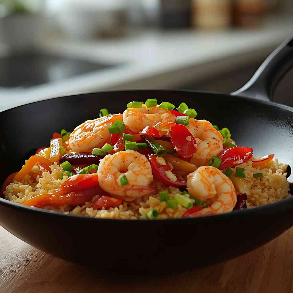 Sautéed Garlic Shrimp over Cauliflower Rice with Bell Peppers
