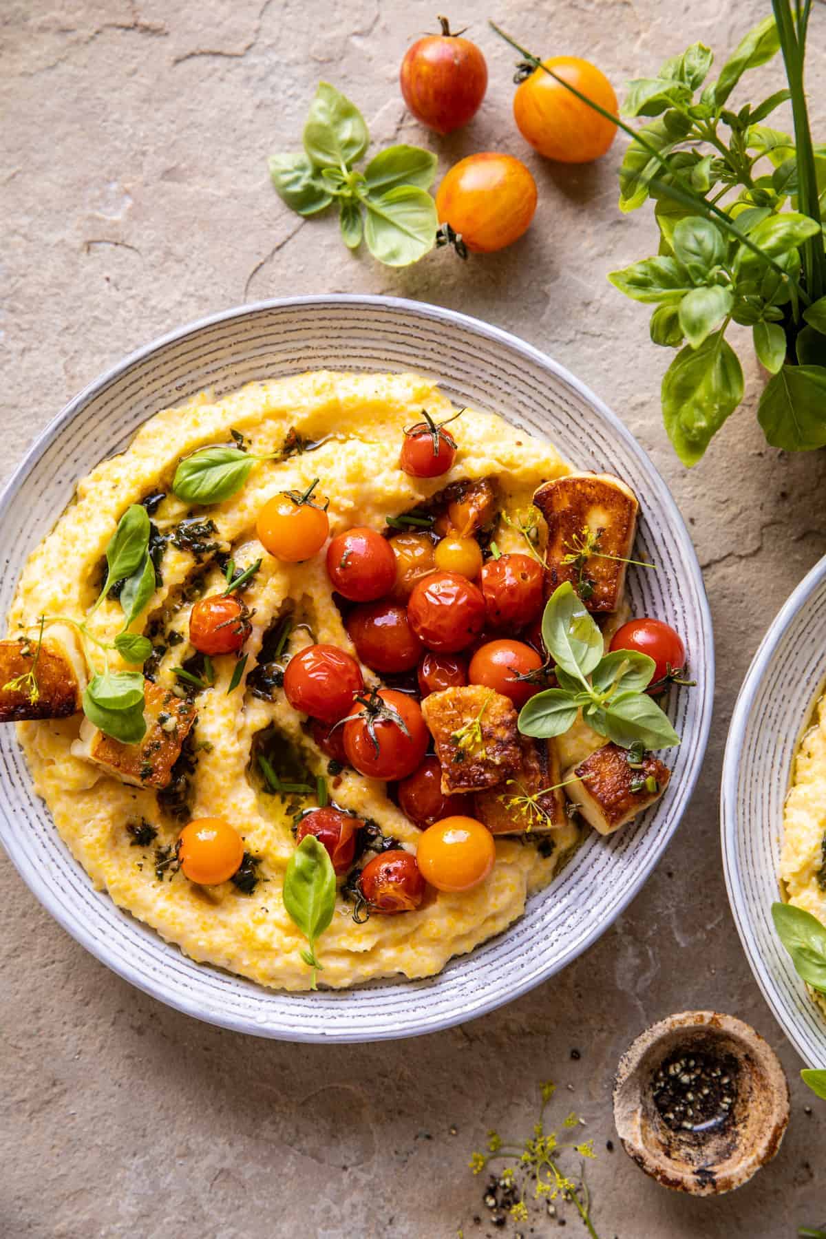 Baked Italian-Style Polenta with Roasted Cherry Tomatoes and Basil
