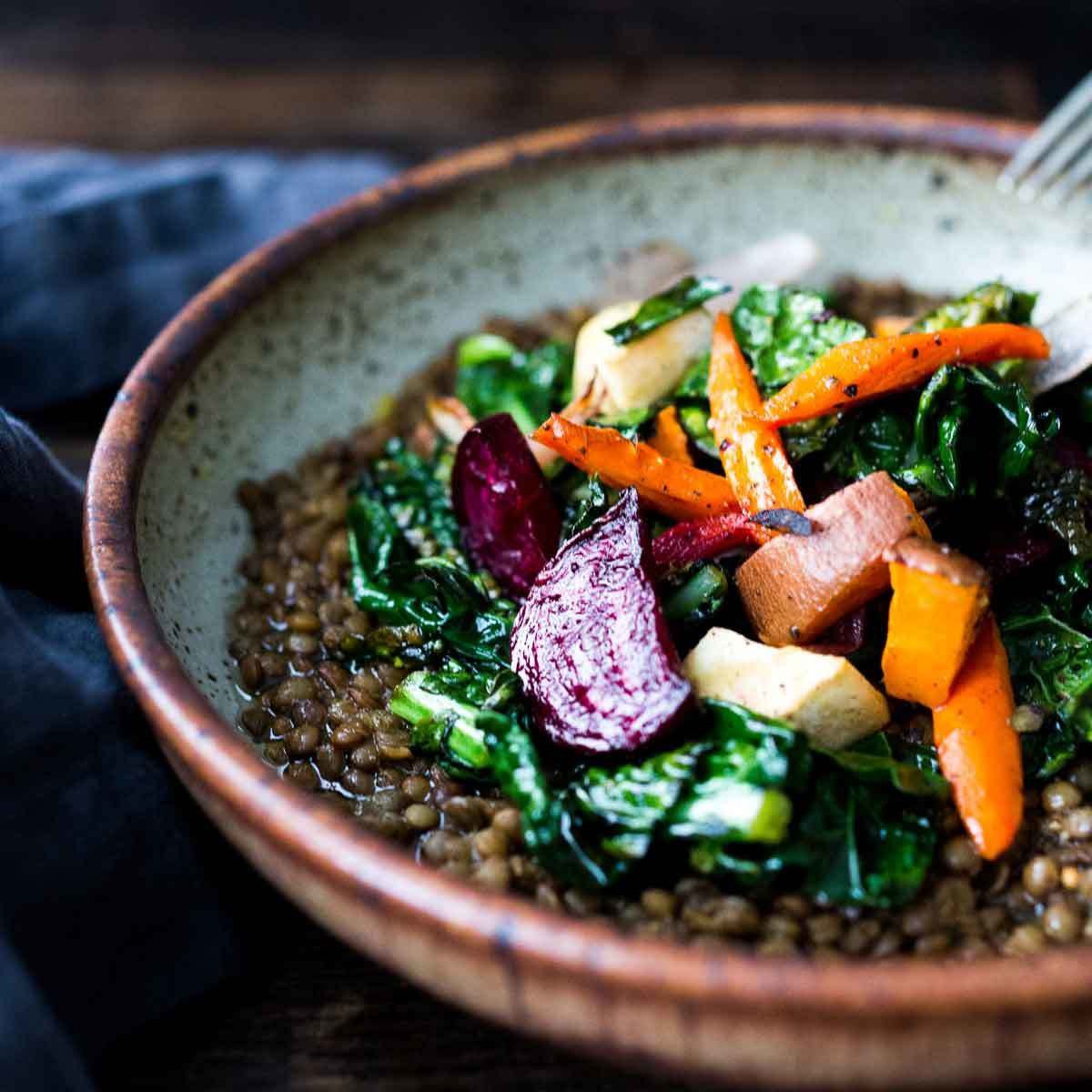 Spiced Bulgur and Lentil Stew with Roasted Vegetables