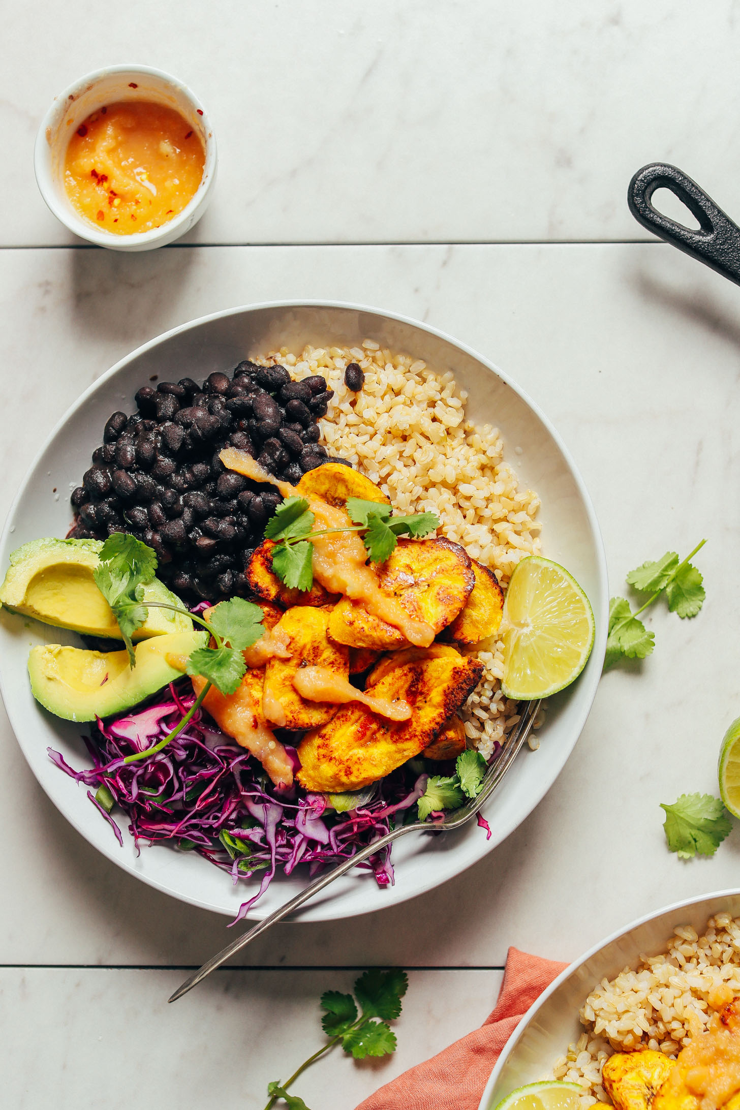 Coconut-Lime Rice Bowl with Spicy Black Beans and Roasted Plantains