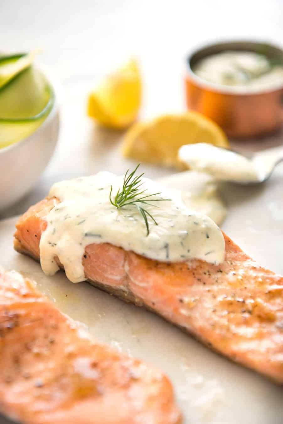 Pan-Seared Salmon with Avocado and Creamy Dill Sauce