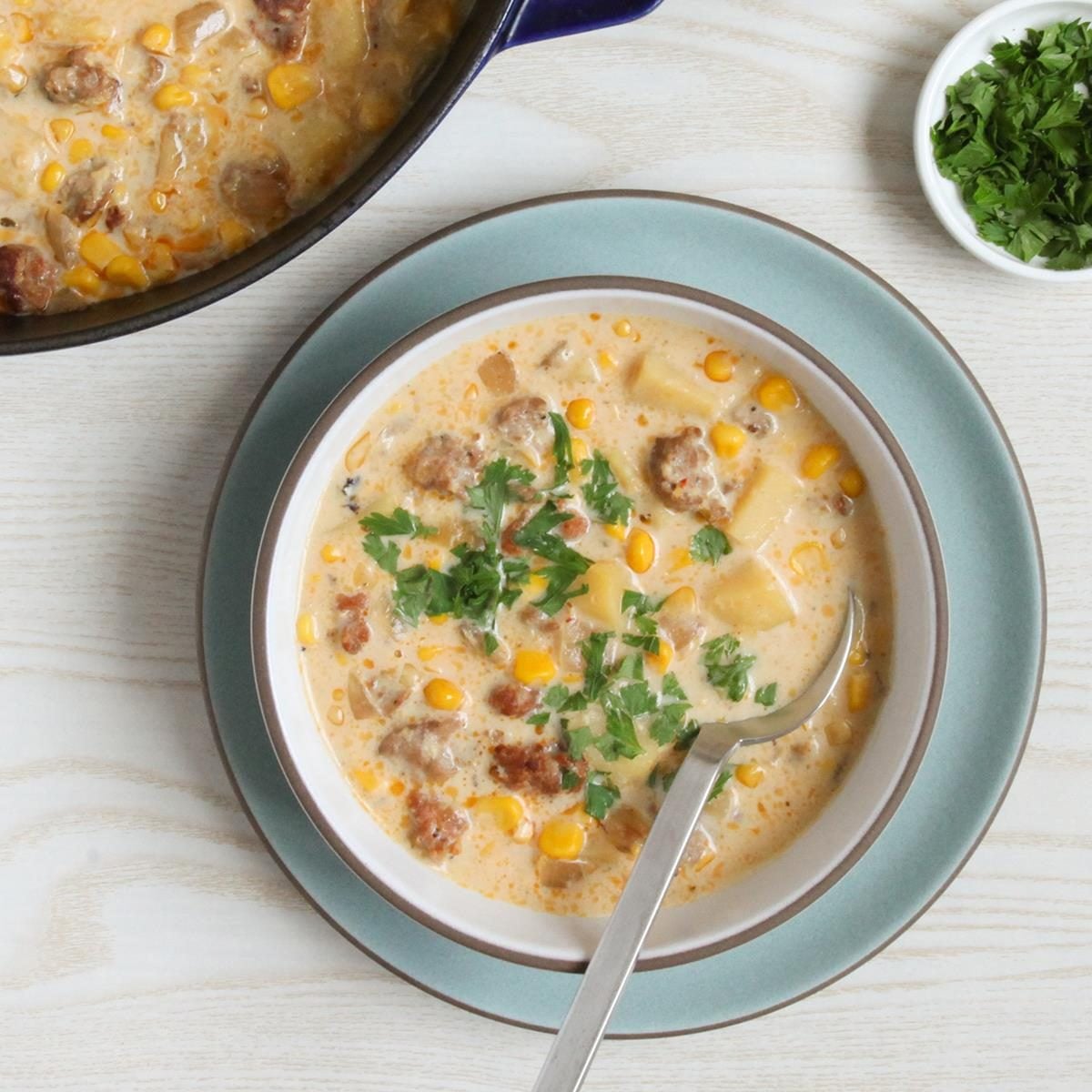 One-Pot Spicy Sausage and Corn Chowder