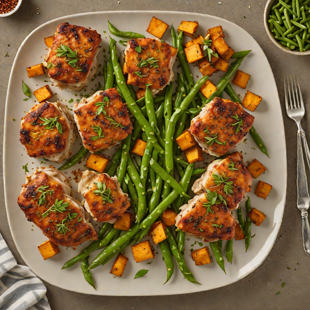 Herb-Crusted Chicken Thighs with Roasted Sweet Potatoes and Green Beans