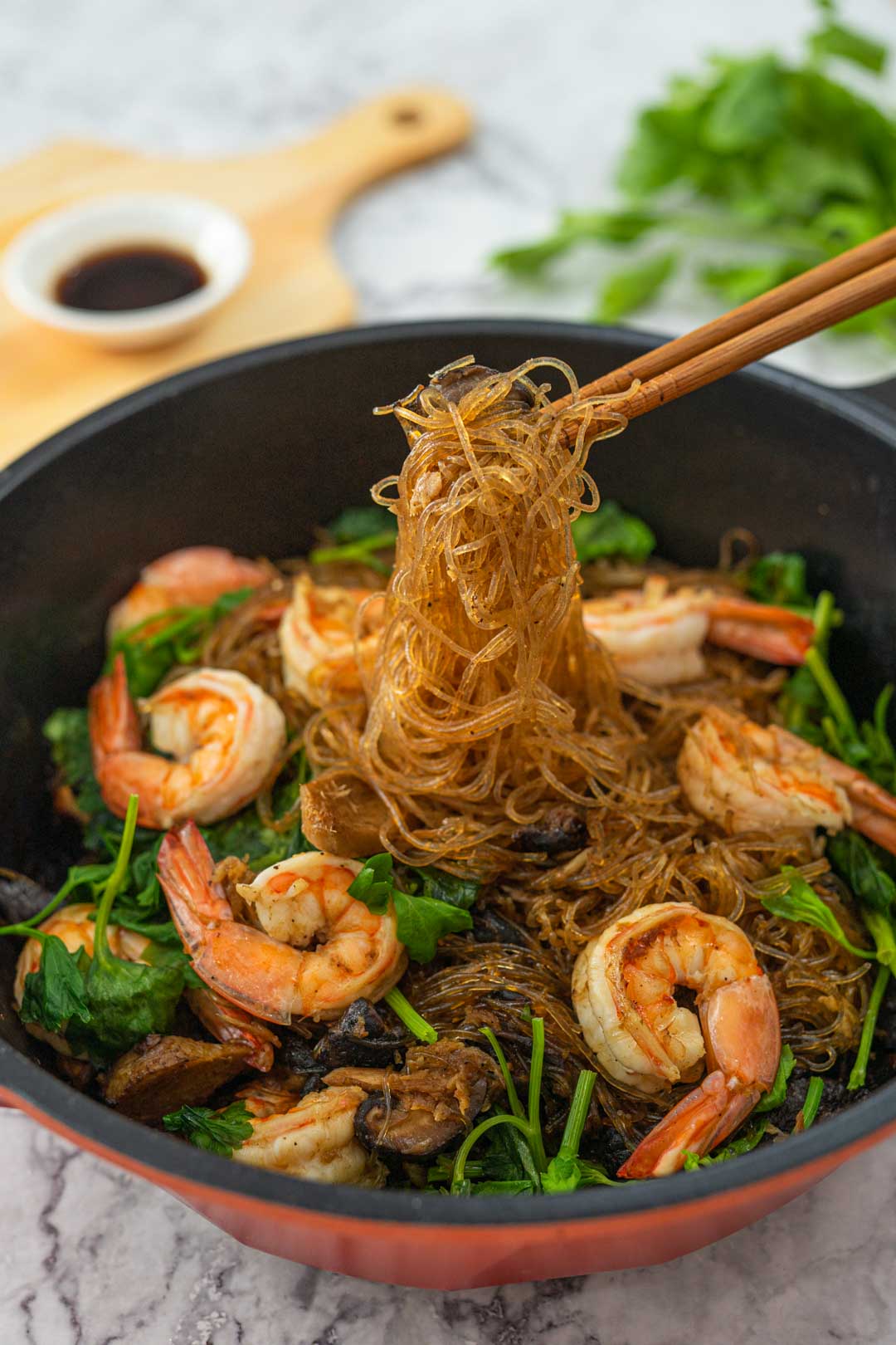 Stir-Fried Glass Noodles with Shrimp, Shiitake, and Snow Peas