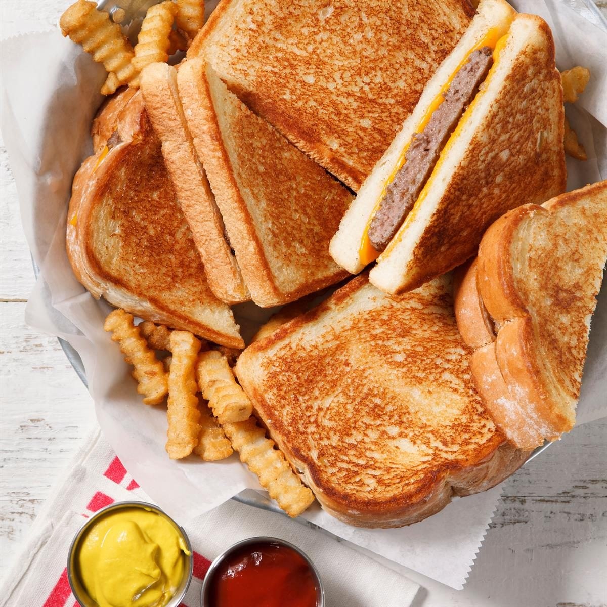 Seasoned Burger Patties with Grilled Cheese Sandwich