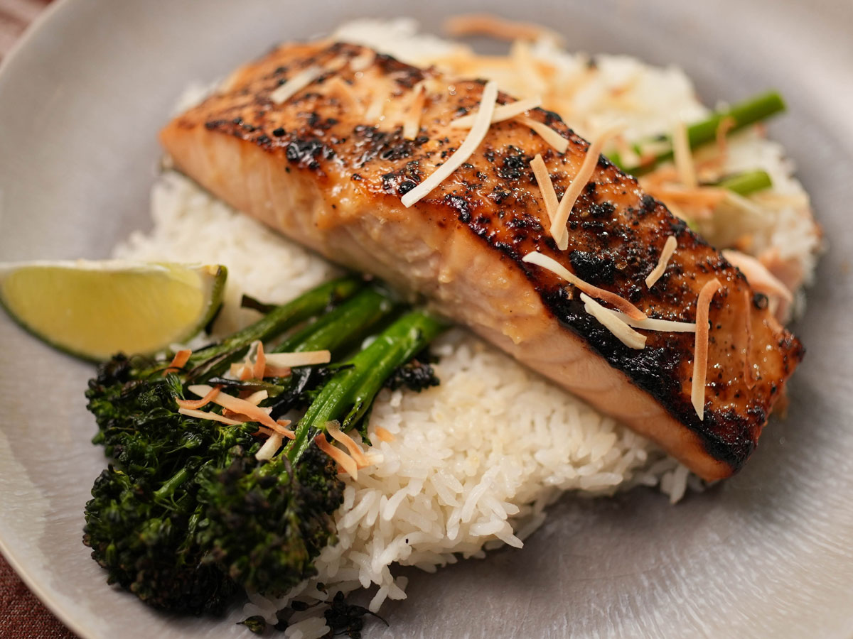 Miso-Glazed Salmon with Sake-Steamed Rice and Pickled Cucumber