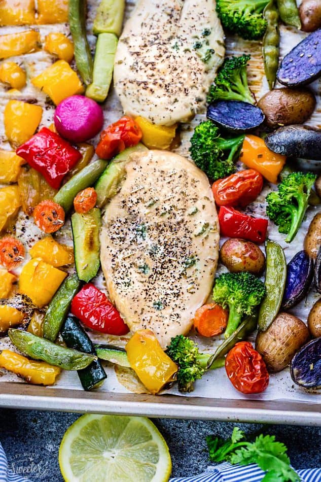 Rainbow Veggie Sheet Pan Chicken with Lemon Herb Glaze