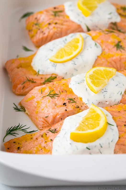 Baked Herb-Crusted Salmon with Lemon and Dill Yogurt Sauce