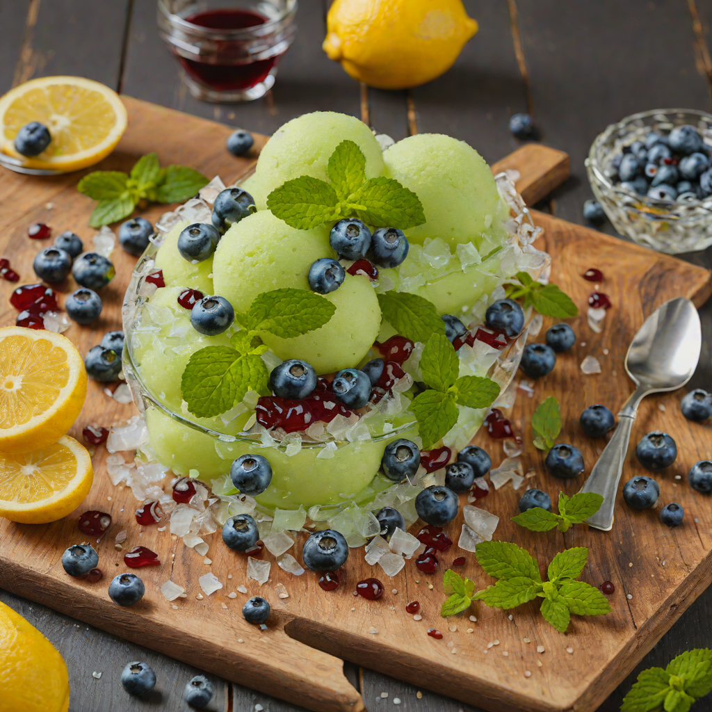 Ice Crystal Lemon-Mint Sorbet with Sparkling Blueberry Syrup