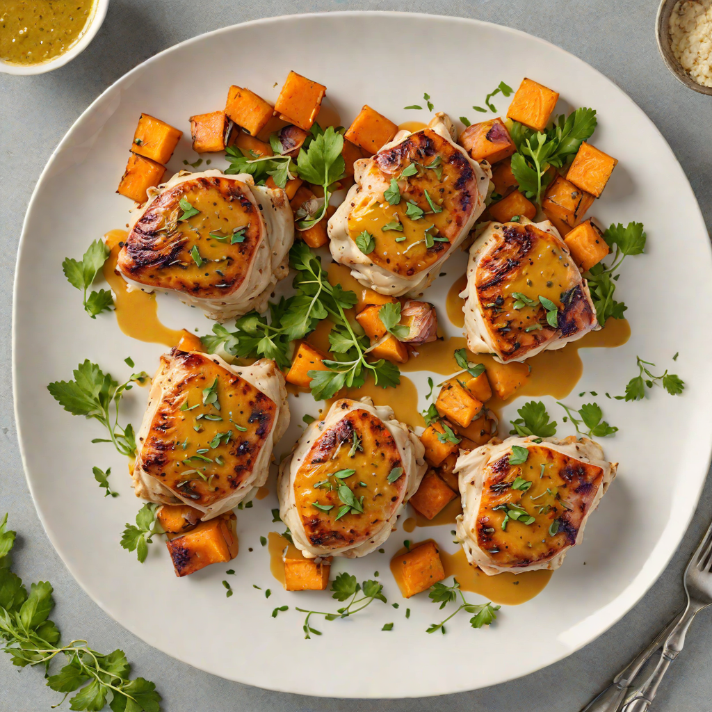 Pan-Seared Chicken Thighs with Roasted Sweet Potato and Garlic Herb Sauce