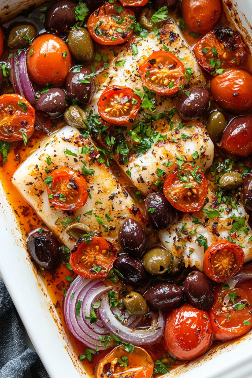 Baked Cod with Tomato-Olive Salsa and Basil