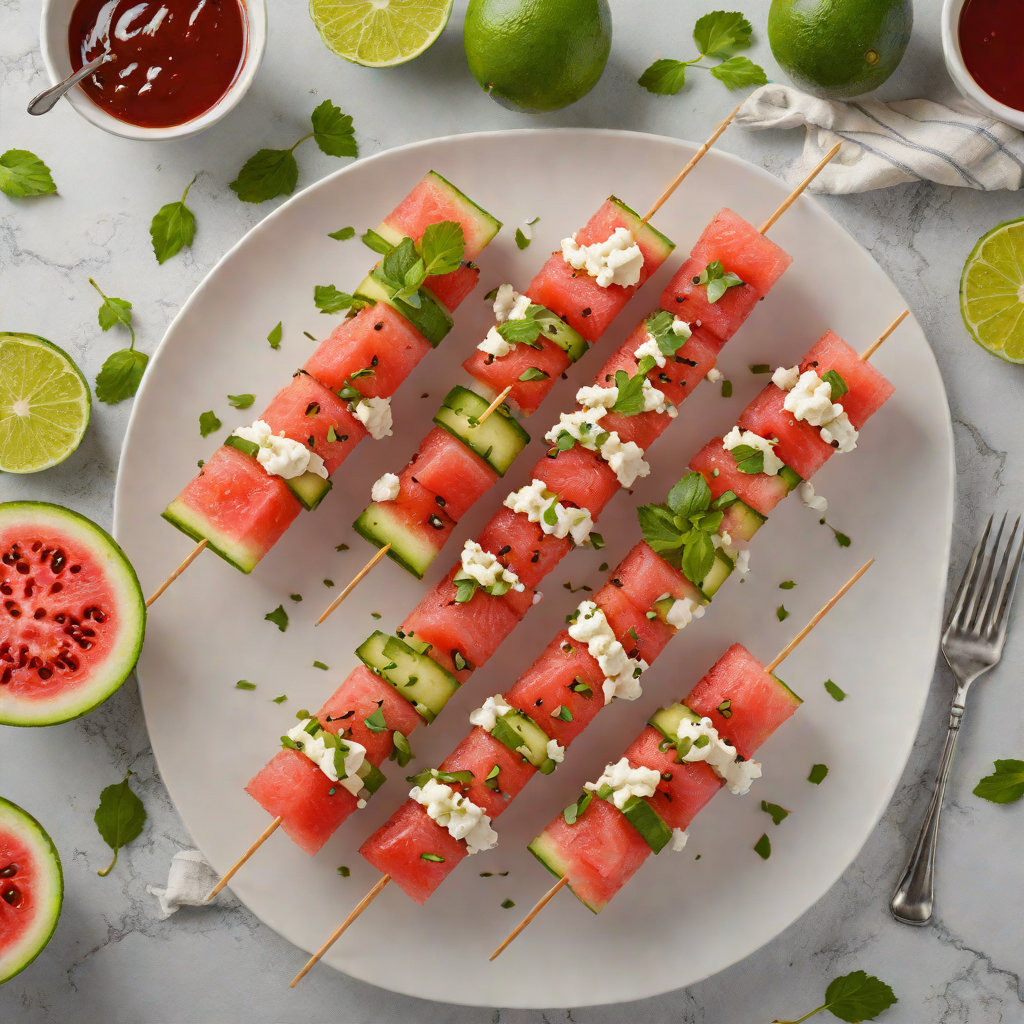 Watermelon and Feta Skewers with Chili Lime Drizzle