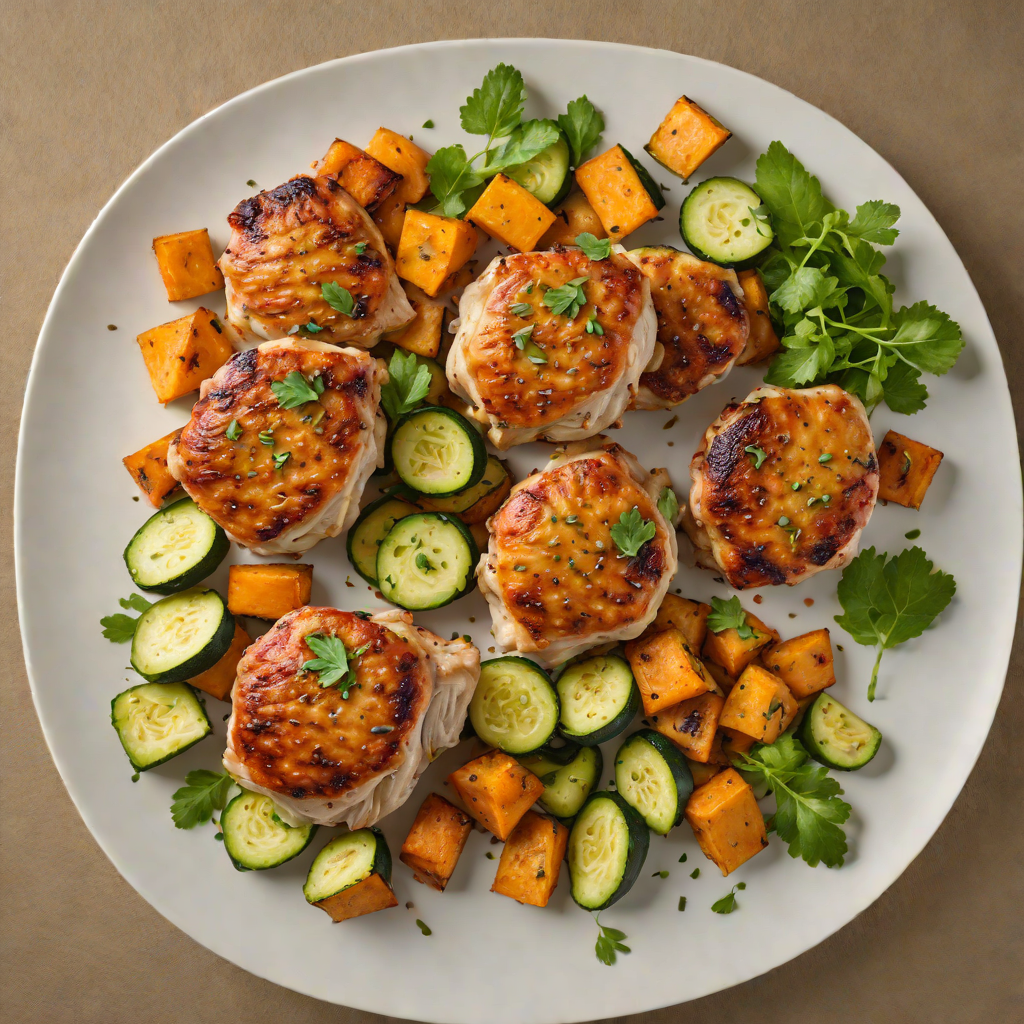 Pan-Seared Chicken Thighs with Roasted Sweet Potato and Zucchini