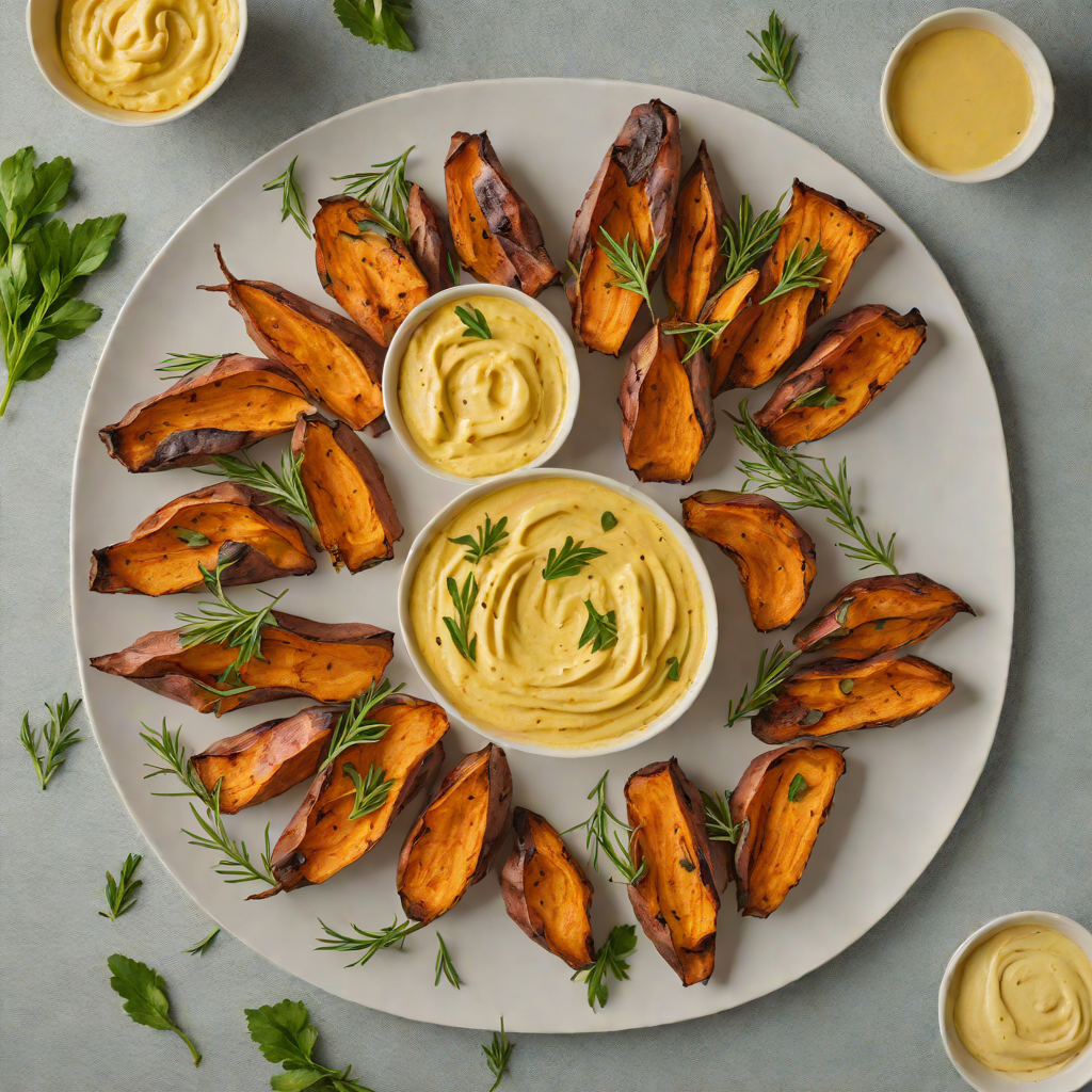Garlic-Rosemary Roasted Sweet Potatoes with Turmeric Yogurt Dip