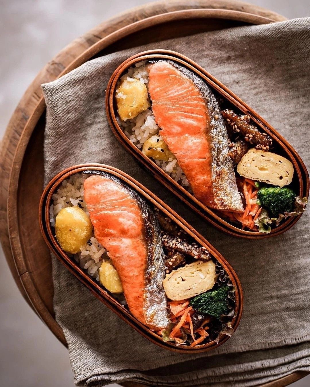 Pan-Seared Salmon Bento with Pickled Daikon and Spinach Gomae