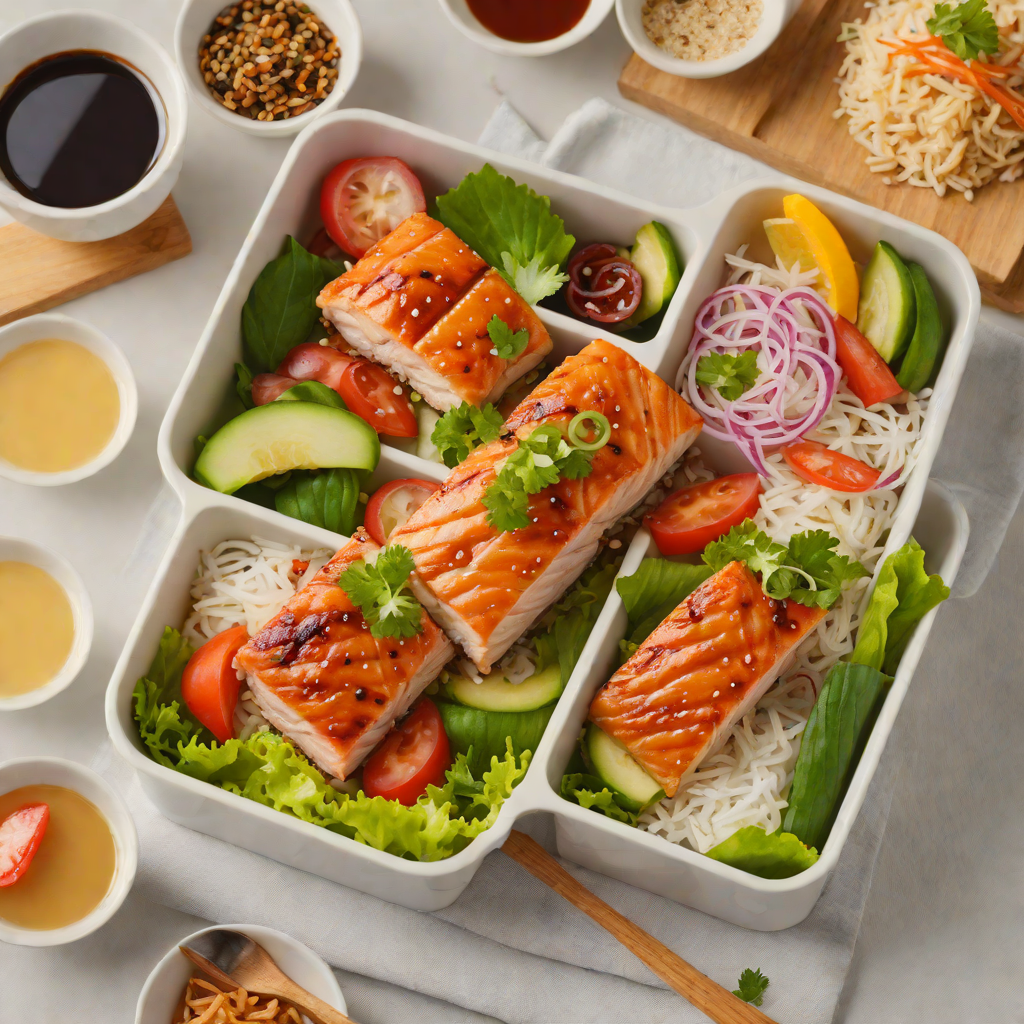 Layered Grilled Teriyaki Salmon Bento Box