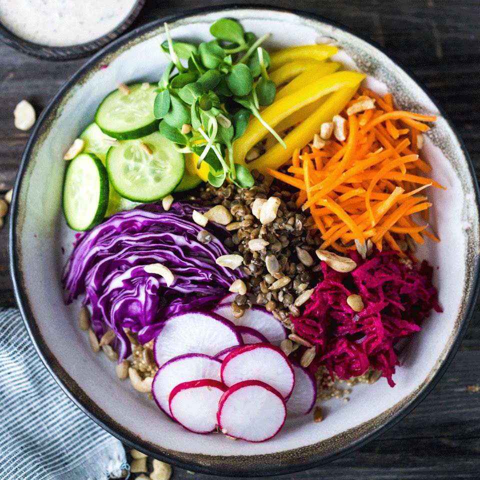 Rainbow Protein Bowl with Lemon-Tahini Dressing