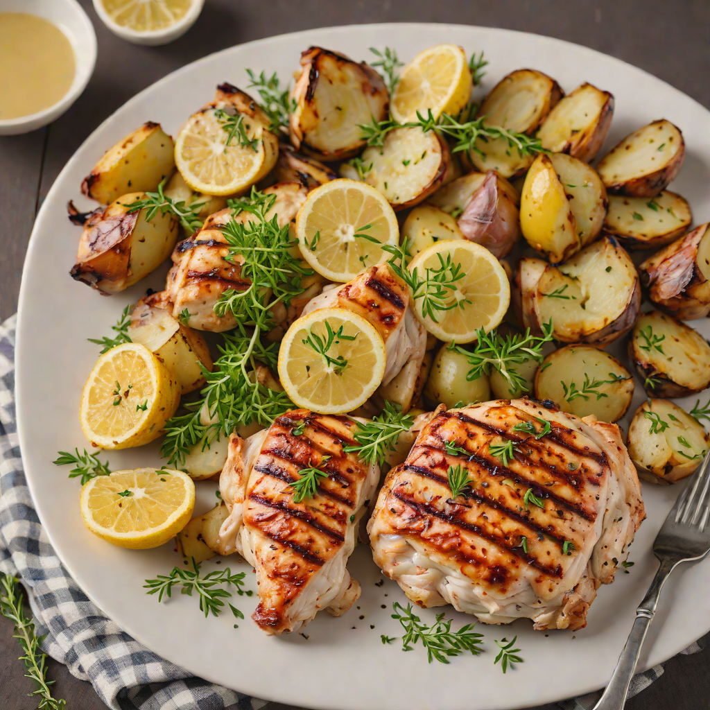 Grilled Lemon-Thyme Chicken with Roasted Garlic and Potatoes
