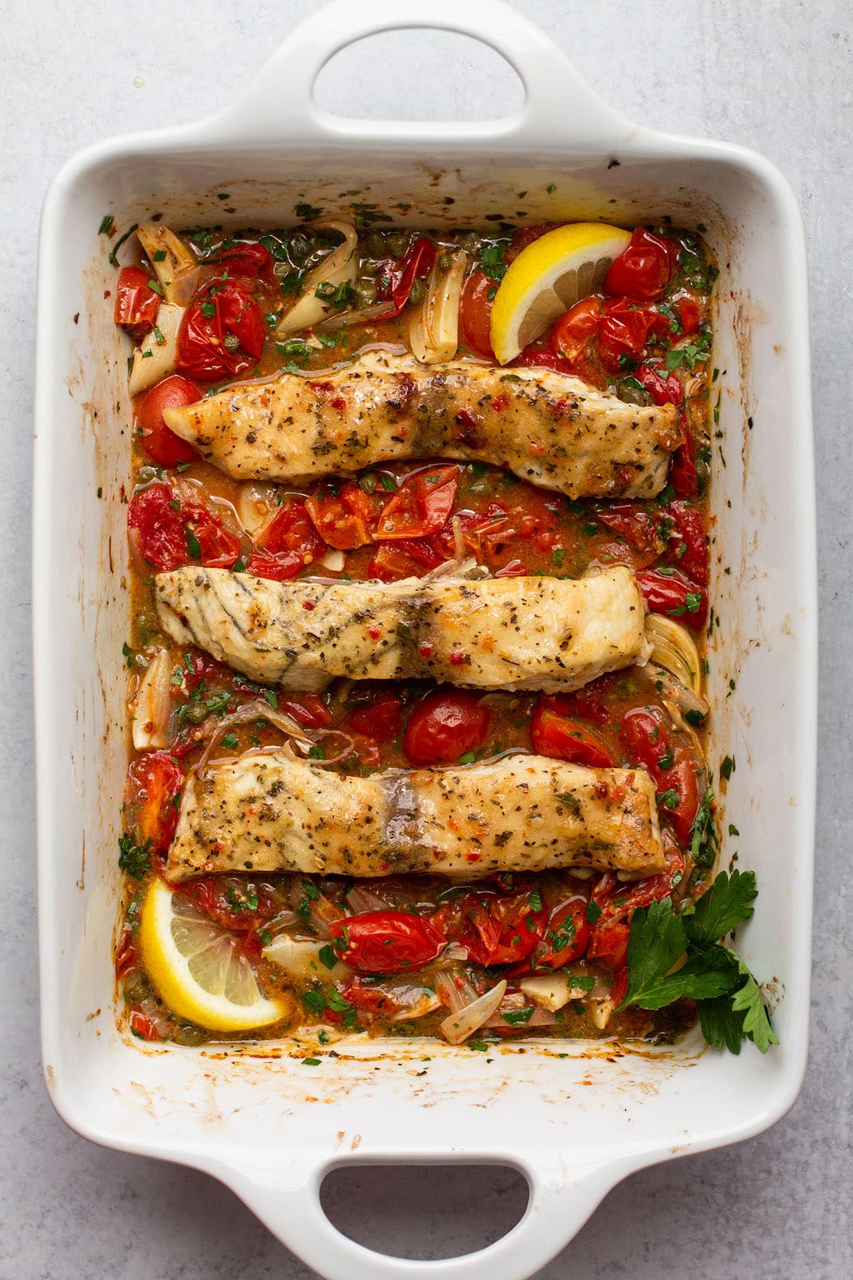 One-Pan Barramundi with Cherry Tomatoes and Zucchini