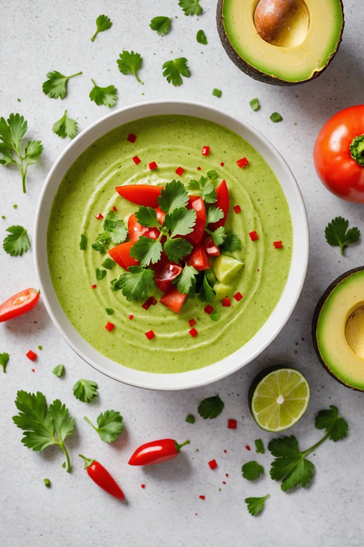 Spiced Avocado and Tomato Chilled Soup with Cilantro