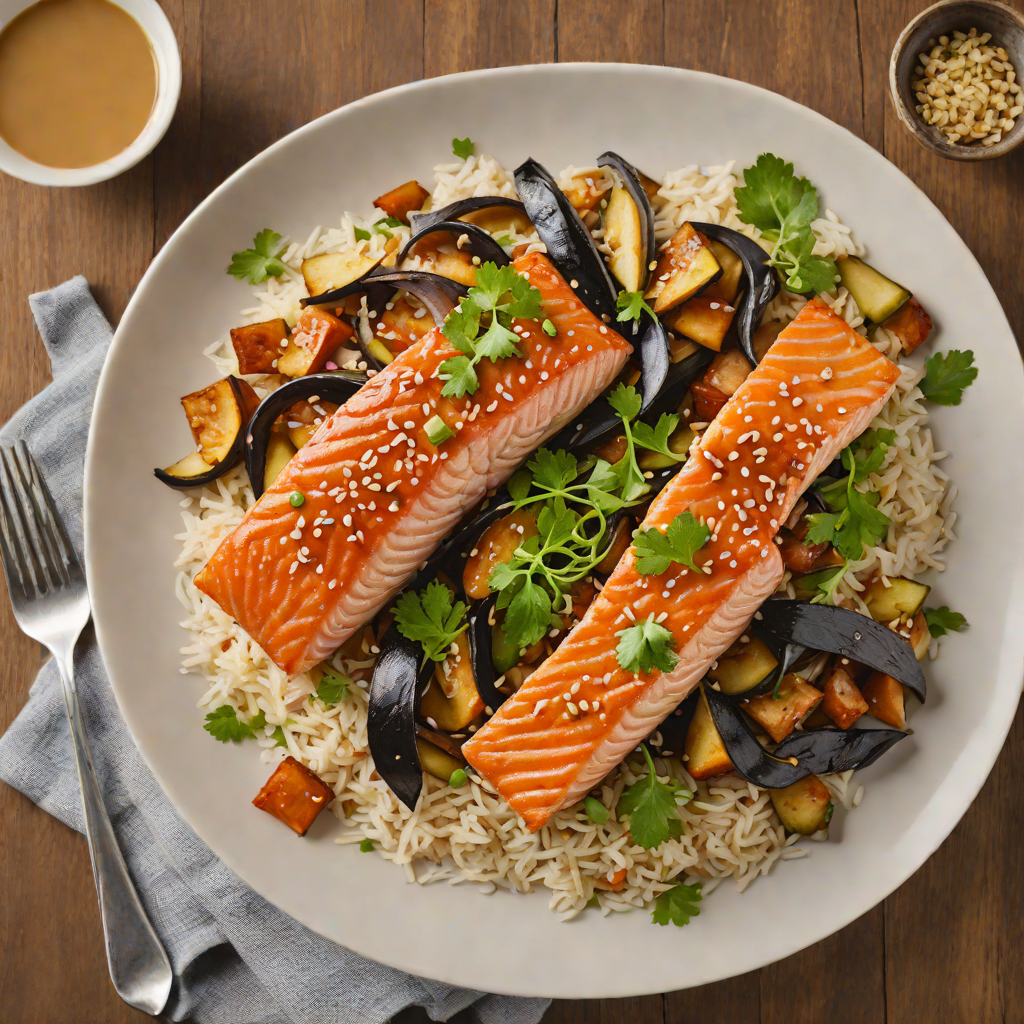Soy-Glazed Salmon with Miso Eggplant Donburi