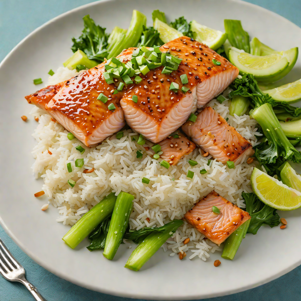 Ginger-Soy Glazed Salmon with Steamed Jasmine Rice and Bok Choy