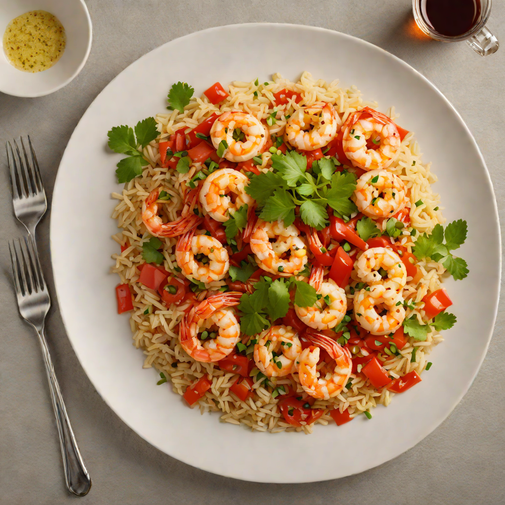 Sautéed Shrimp and Garlic Rice with Roasted Red Pepper Sauce