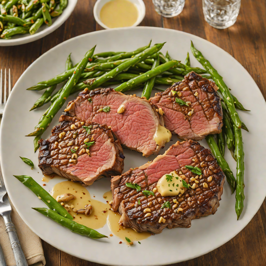 Pan-Seared Ribeye with Garlic Butter and Charred Green Beans