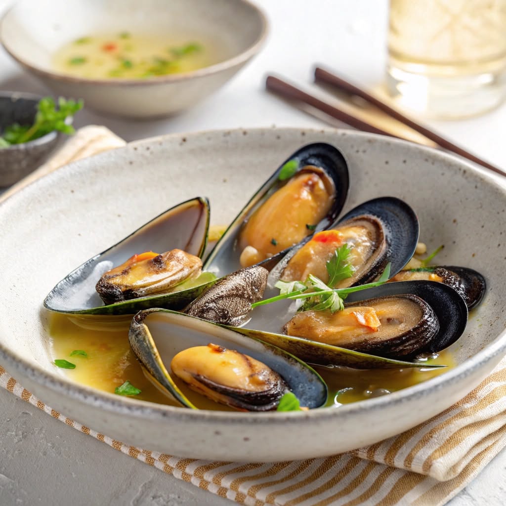 Sake-Steamed Mussels with Miso and Scallion Broth