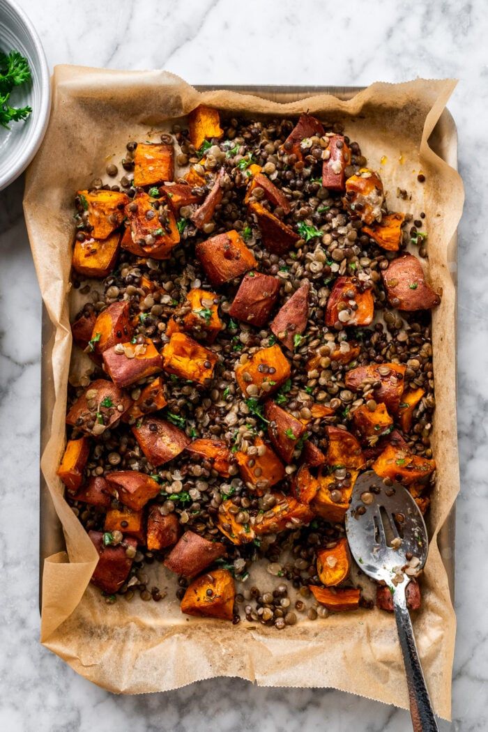 Saltbush and Quandong Lentil Salad with Roasted Sweet Potato