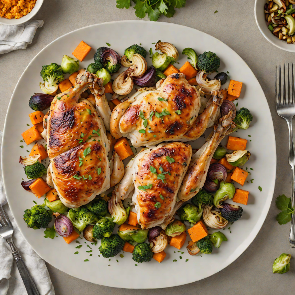 Sheet Pan Garlic-Roasted Chicken with Sweet Potato and Brussels Sprouts