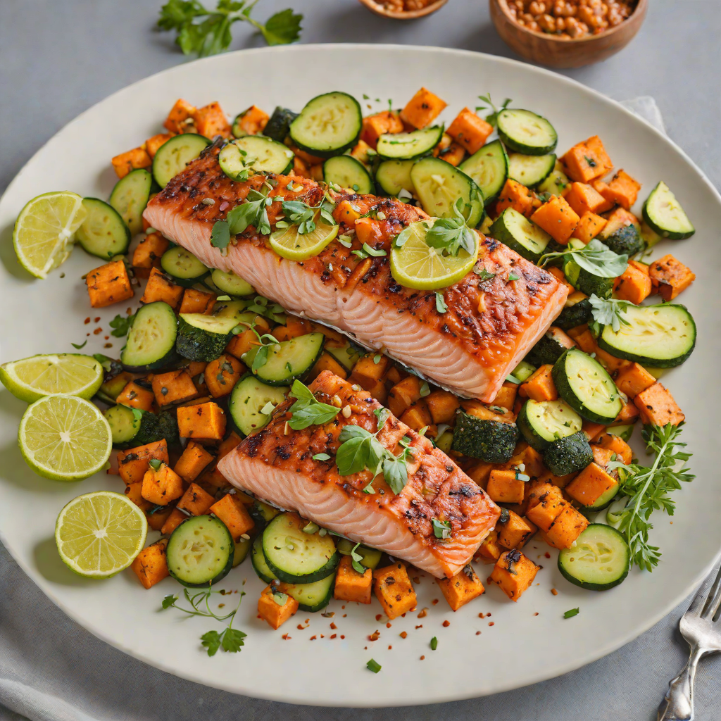 Sheet Pan Harissa-Spiced Salmon with Sweet Potato and Zucchini