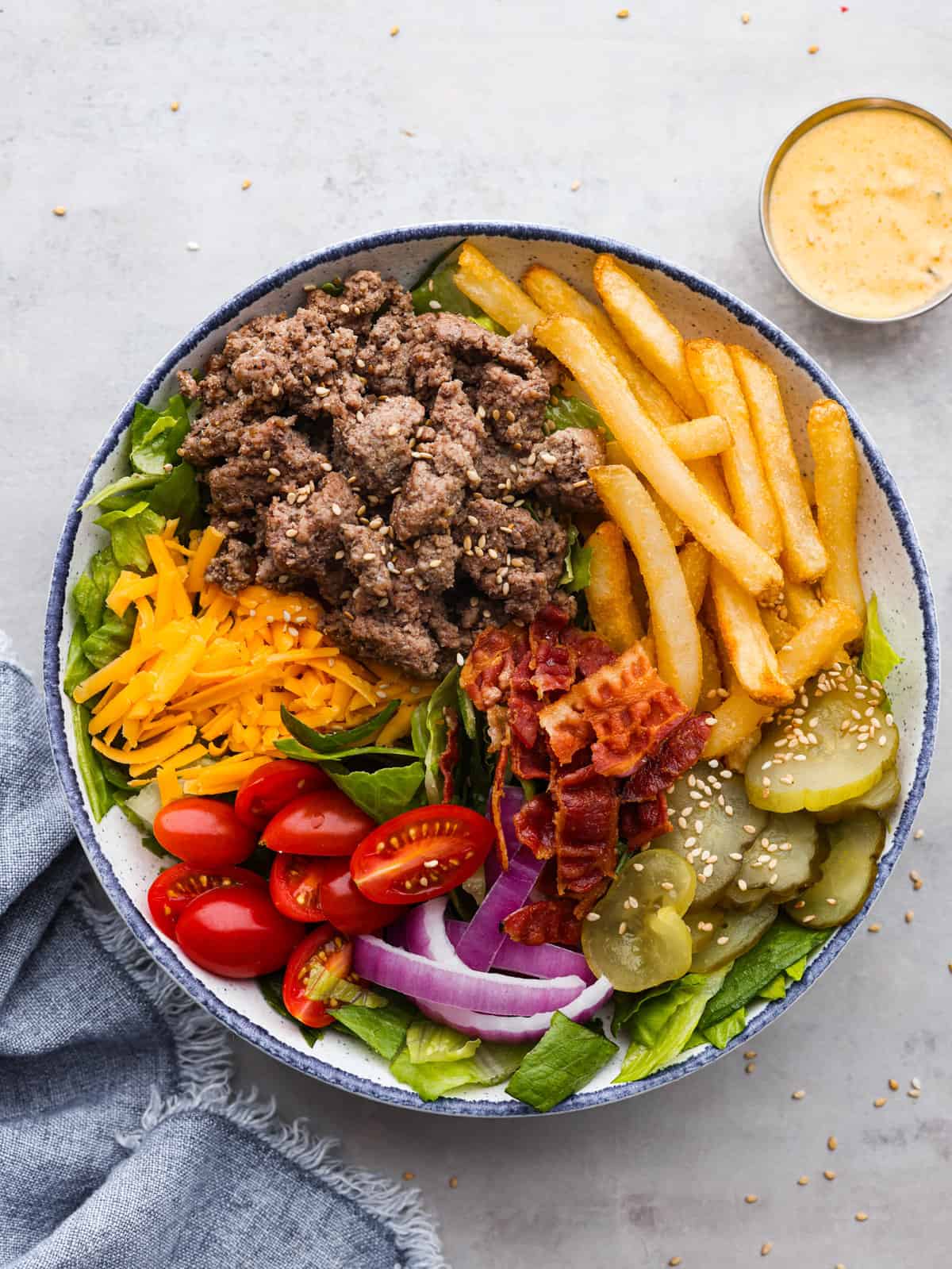 Ground Beef Burger Bowl with Lettuce and Pickled Onions