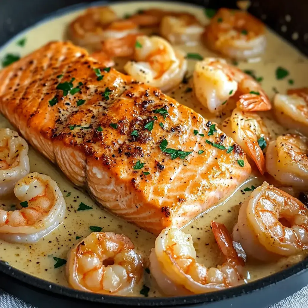 Pan-Seared Cajun Salmon with Shrimp and Red Bell Pepper Cream Sauce