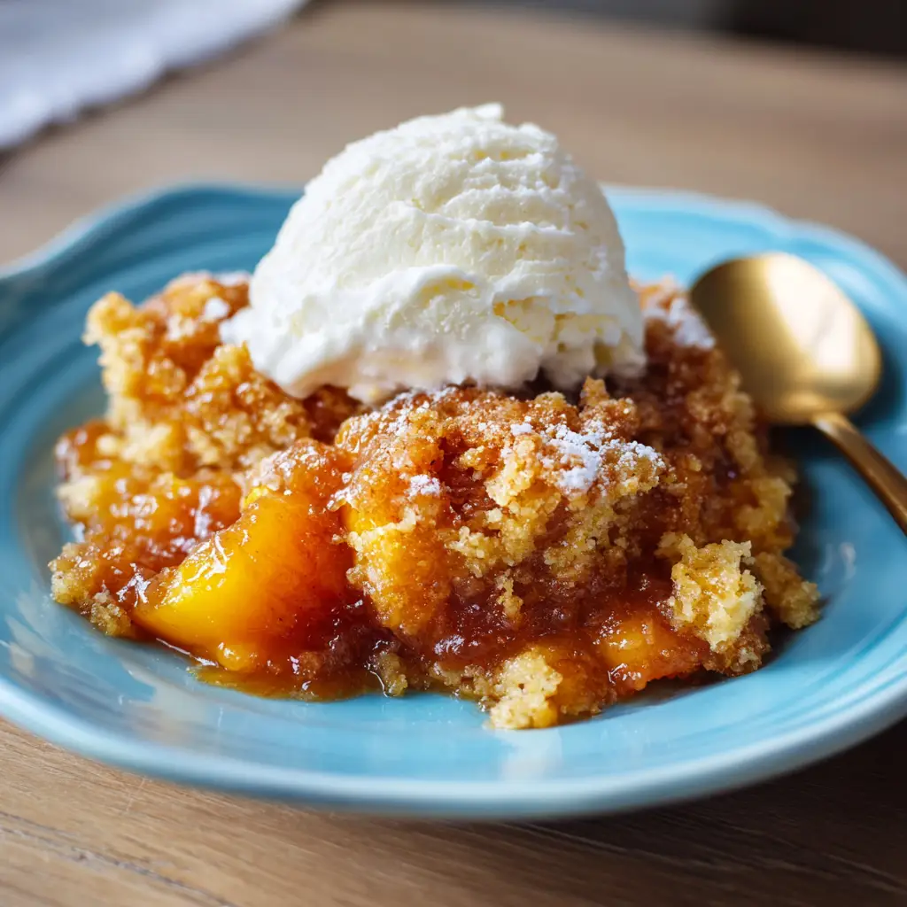 Peach Cobbler Dump Cake with Vanilla Ice Cream