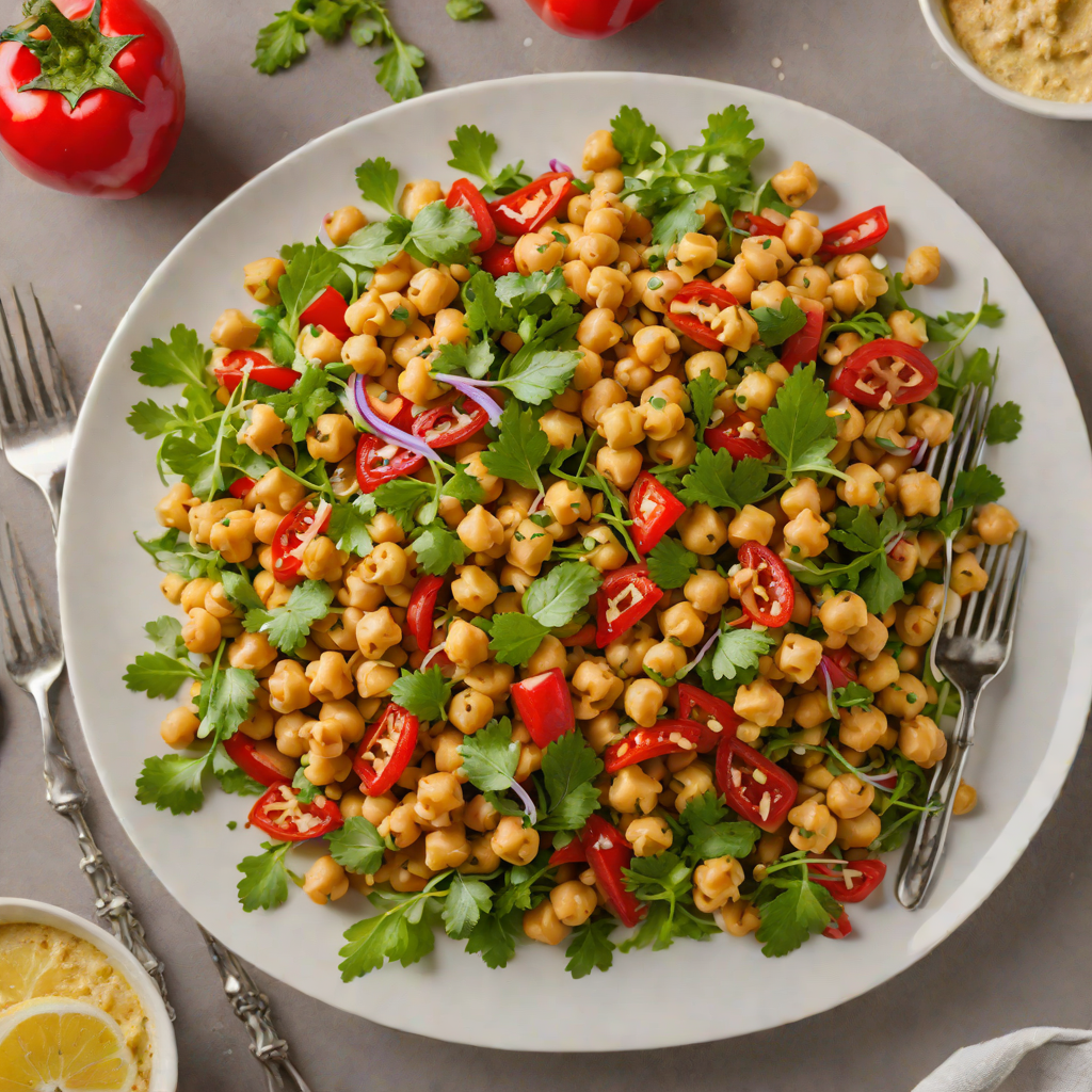 Vegetarian Chickpea and Roasted Red Pepper Salad with Lemon Tahini Dressing