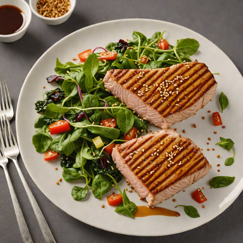 Grilled Teriyaki Snow Tuna Steak with Sesame Spinach Salad