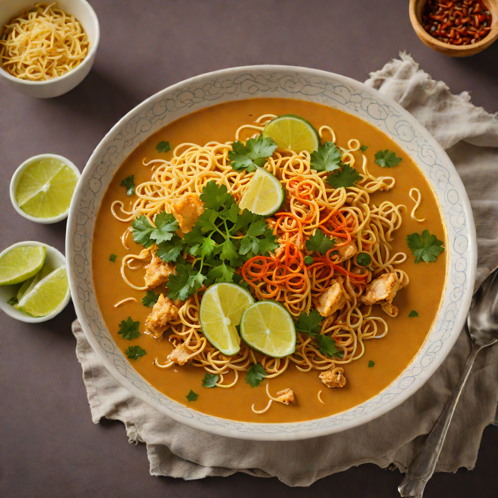 Khao Soi-Inspired Coconut Curry Noodle Soup with Crispy Egg Noodles